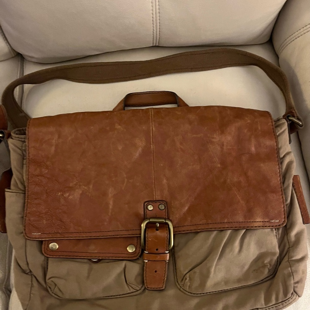 Classic Brown Leather and Tan Canvas Messenger Bag - Picture 1 of 3